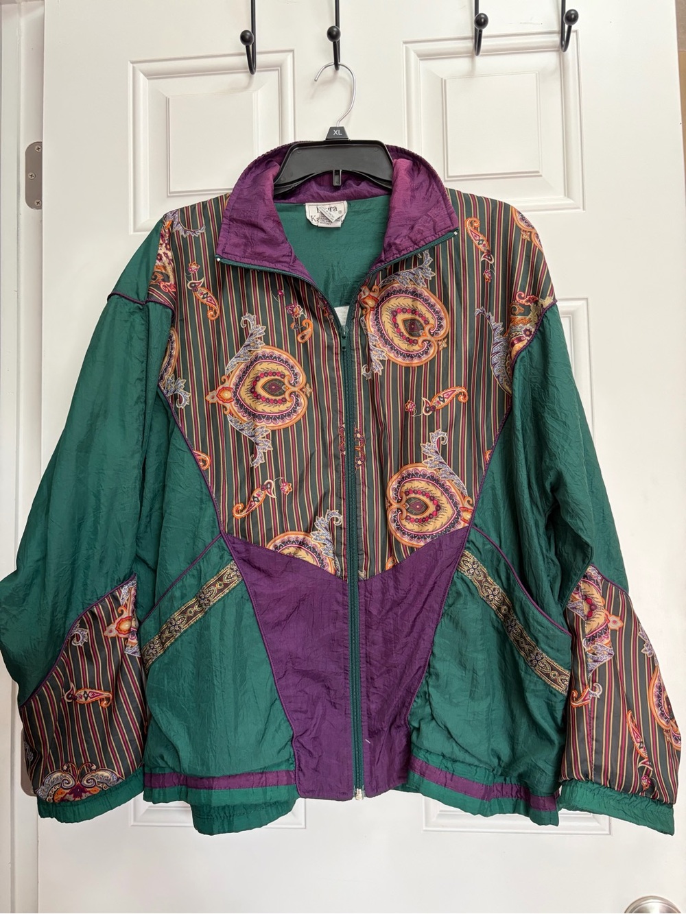 VTG Laura Katherine Women's Paisley-Panel Windbreaker Jacket in Teal & Purple